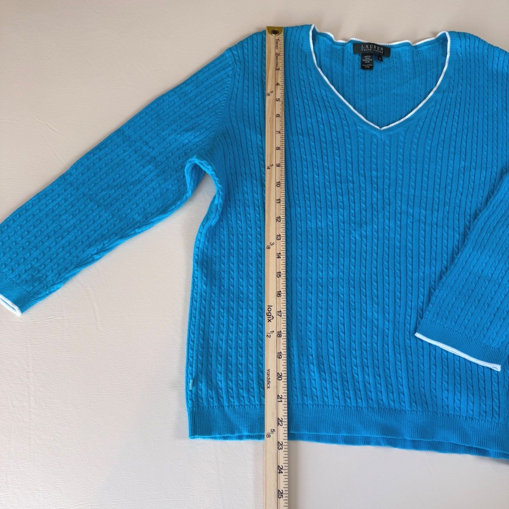 Lauren Ralph Lauren Blue Cable Knit V-Neck Sweater XL Preppy Coastal Grandmother - Picture 7 of 8